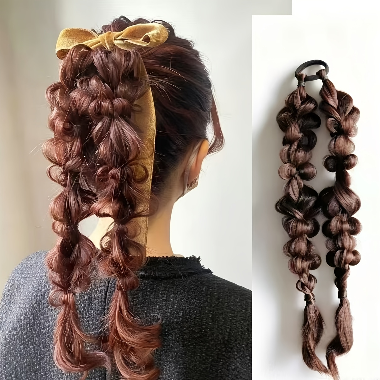 TEMU バブル ポニーテール ヘアエクステ 長いウェーブ ピグテール ウィッグ ヘアタイ付き 韓国風 ヘアアディション レディース デイリー デートに