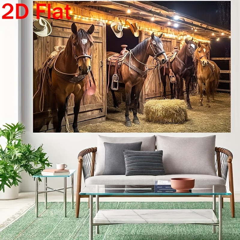 TEMU 2d Flat Banner - 1pc Western Cowboy Stable Backdrop Featuring Hay Bales, , And Cowboy Hats - Made Of, No Electricity Required - Ideal For