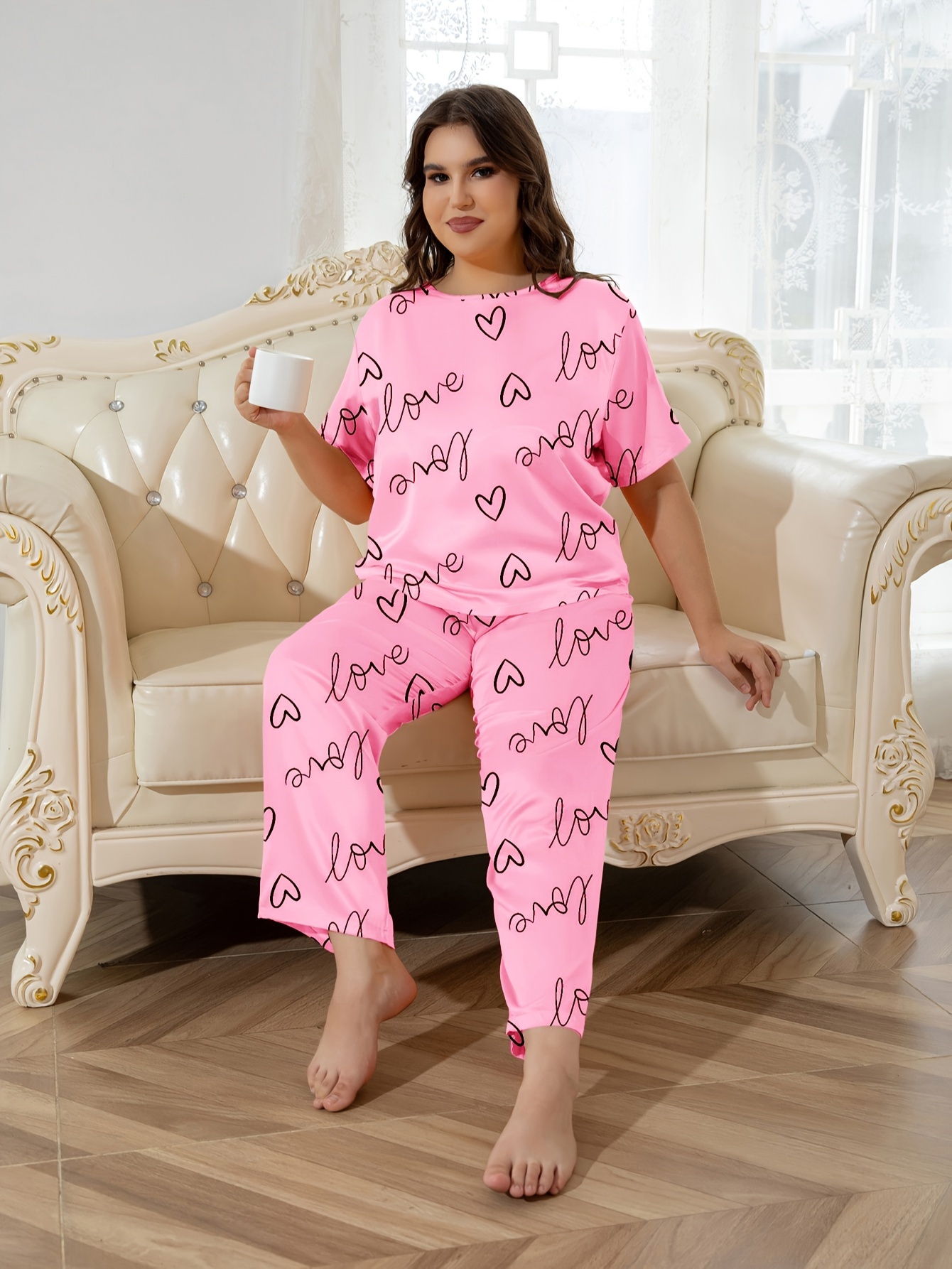 Plus Size Cute Pajama Set, Women's Plus Heart Print Short Sleeve Top &  Pants 2pcs Pajama Set, Women Plus Size Two Piece Set