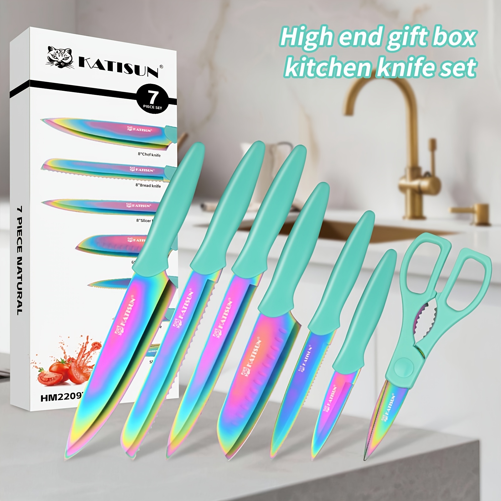 TEMU 7pcs Stainless Steel Knife Set With Coating, Rust-resistant, Durable, And Dishwasher-safe. Includes 6 Knives And Shears, Suitable For Home And Restaurant Use.