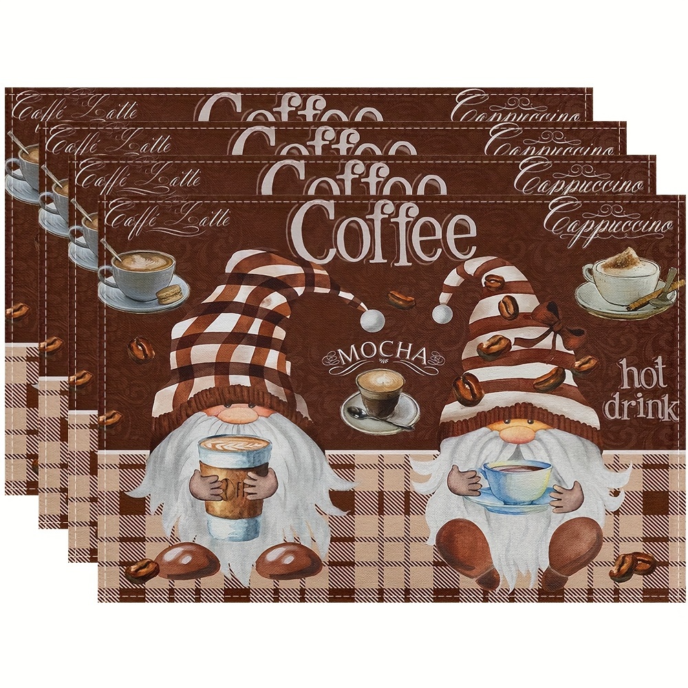 

1/4/6pcs, Placemats, Coffee Gnomes Brown Buffalo Plaid Pattern, Modern Style Decorative Table Pads, Seasonal Table Decor, Perfect For Home, Party, Dining Room & Kitchen Use