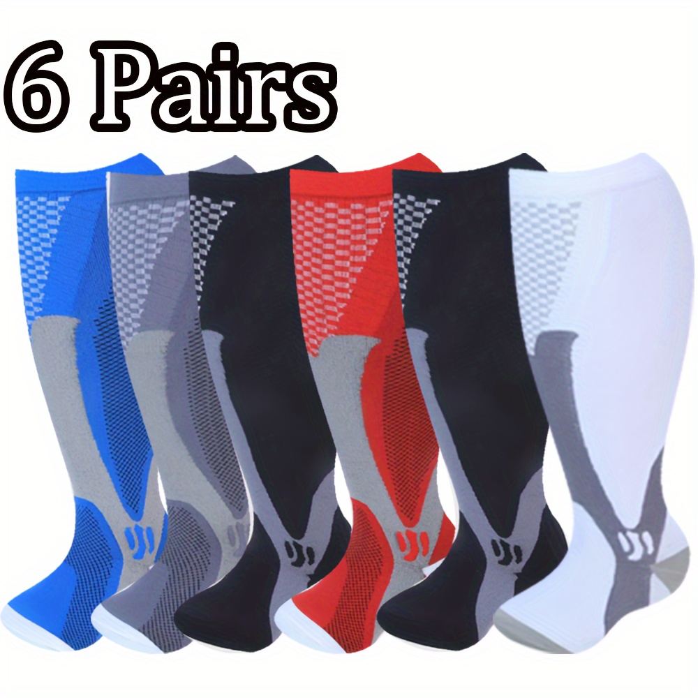 

6pcs Plus Size Men's Socks - 2xl To 4xl, Nylon , Striped, Knee-high Support For Work, Pregnancy & Travel, Pressure Stockings