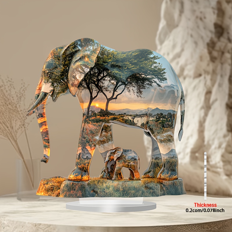 

2d Flat, 1pc Bohemian Elephant & Acrylic Tabletop Decor With - 9"x9" Vibrant Wildlife Scene For Home, Office, Display, Elephant Decor