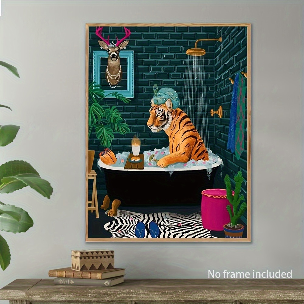 

Whimsical Tiger In Bathtub Canvas Art - Urban Jungle Abstract Oil Painting, Wall Decor For Living Room, Bedroom, Cafe, Bar - Frameless 12x16" Poster, Perfect Gift