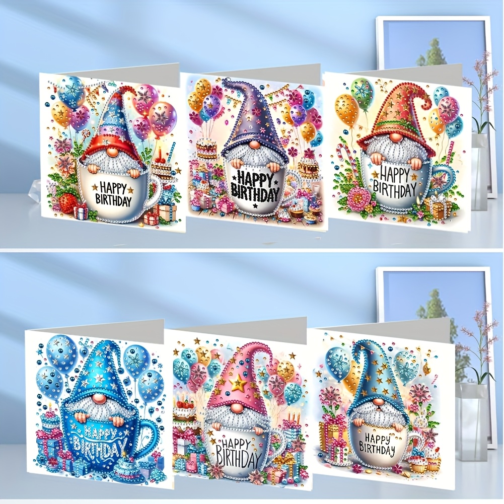 TEMU Set Of 6 Diamond Painting Greeting Card Kits, Cartoon Castle Gnome Cup Animation Birthday Cards, Handmade Holiday Cards With Envelopes, Crafts,