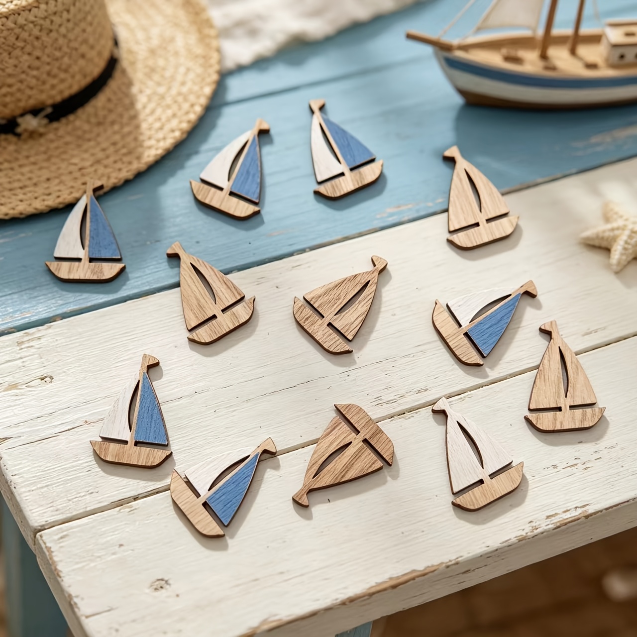 Image of 12pcs Confetti, Sailboat Wooden Pieces, Suitable For Hawaiian Party Decoration And Table Decoration.