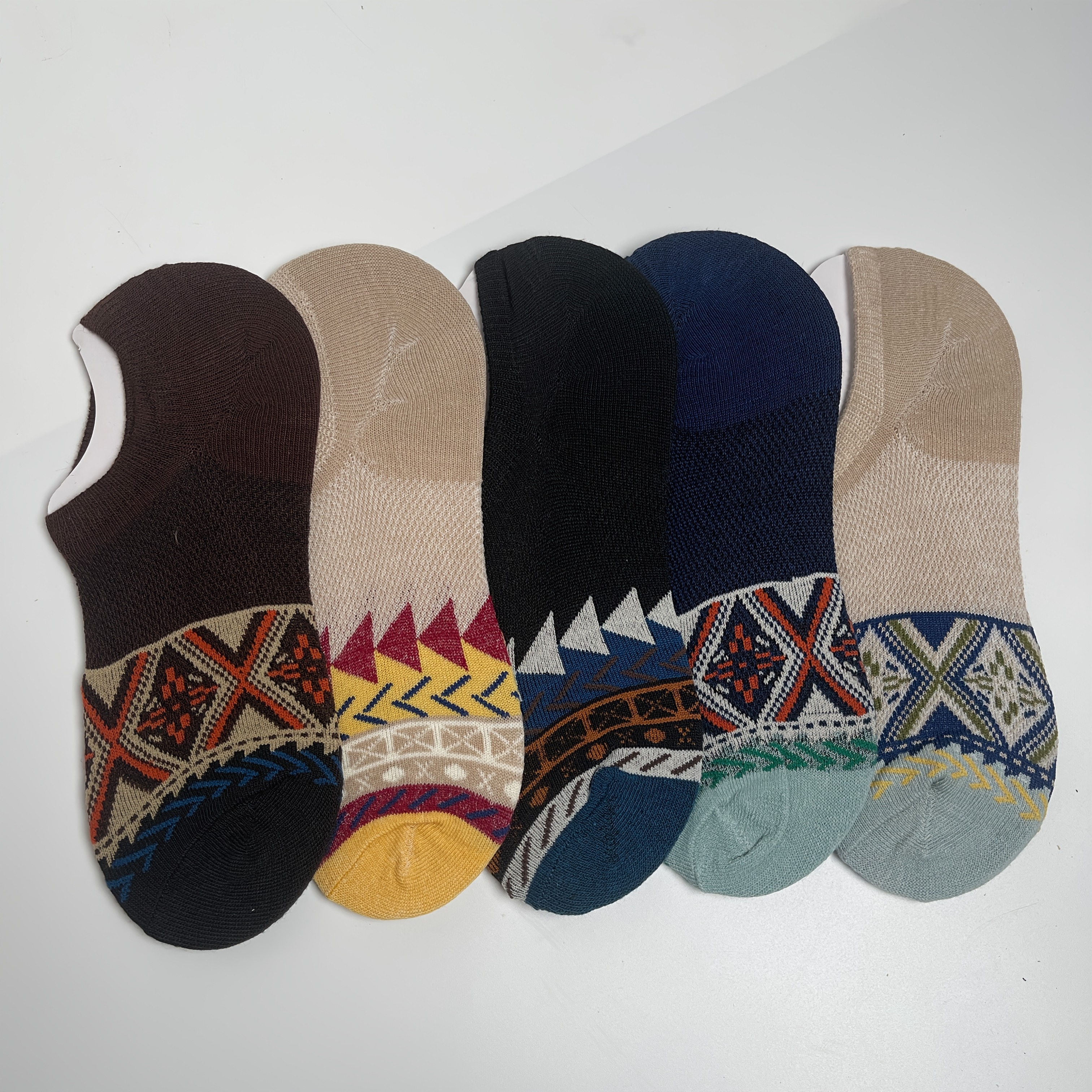 TEMU 5 Pairs Of Socks Women's Low-cut Short Socks Ethnic Style Rhombus Non-slip Sweat-absorbent Men's Boat Socks Summer Thin Invisible Men's Socks