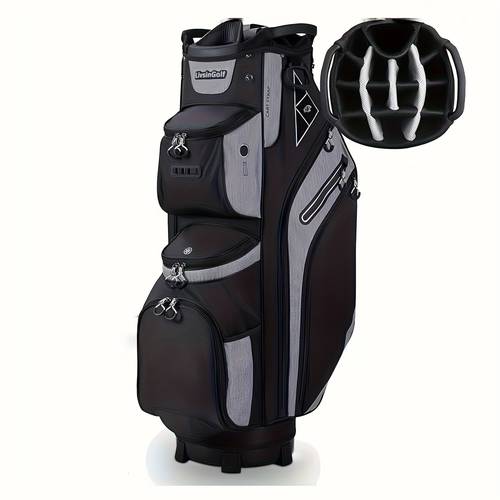 14 way golf cart bag with cooler putter well elegant black multiple compartments adjustable shoulder strap durable polyester golf bag accessories golf bag sleek sports gear secure zipper closure
