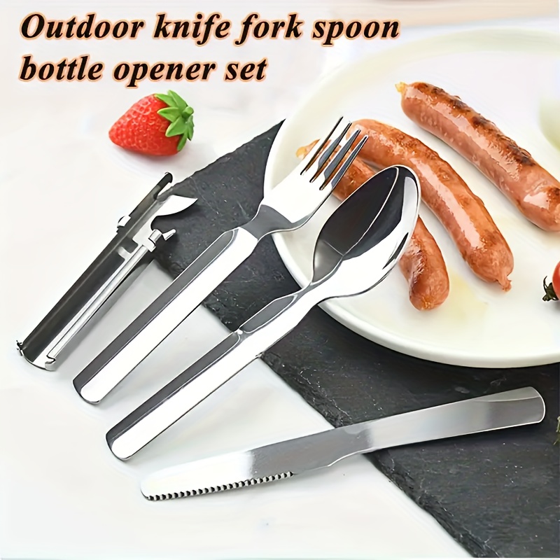 personalized and travel friendly stainless steel outdoor cutlery set with knife fork and spoon including bottle opener   stainless steel portable camping and travel gear in vintage golden and silvery color Product details 0