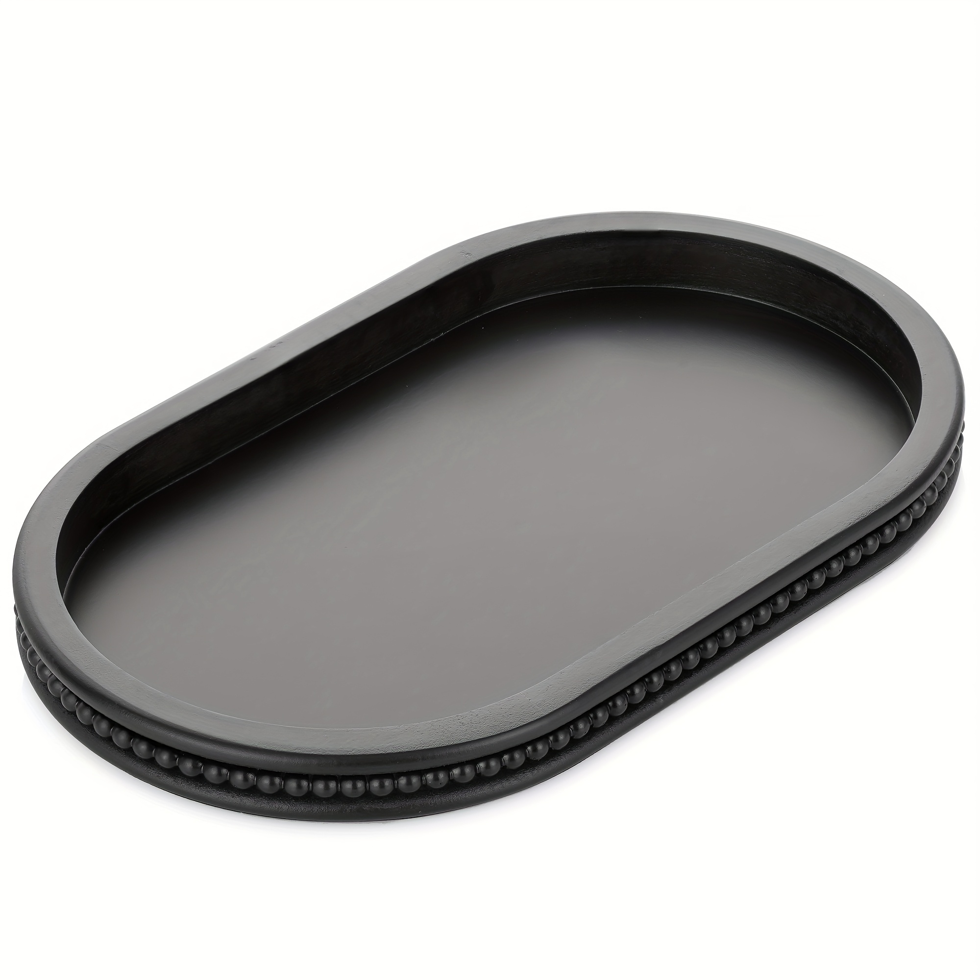Image of 1pc Beaded Decorative Tray Decor: Black Wood Coffee Table Centerpieces For Ottoman Dining Living Room - Oval Serving Trays For Kitchen Counter Entryway Home 15inch/38cm (non-food Contact)