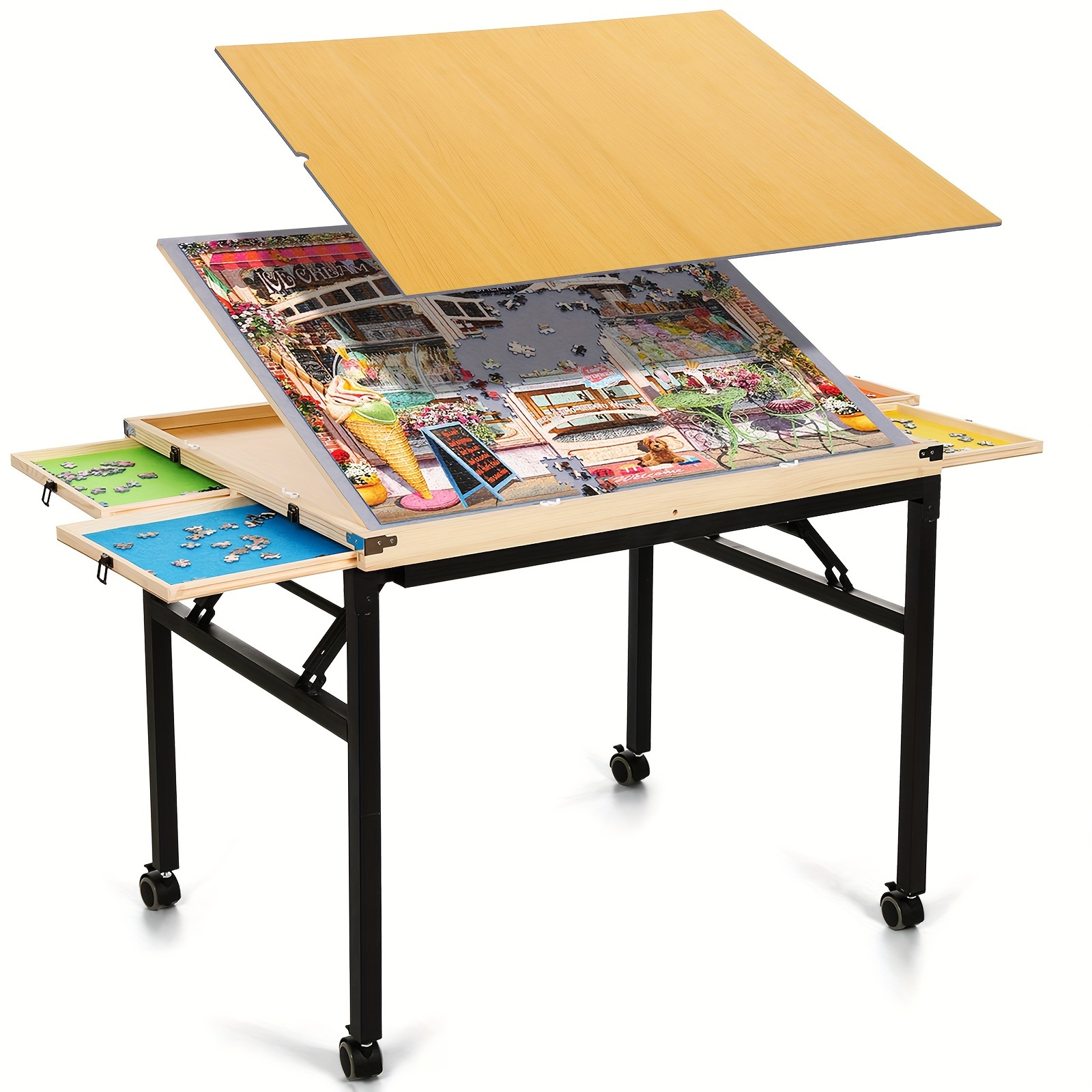 TEMU Puzzle Table With Drawers And Folding Metal Legs 1500 Pieces Jigsaw Puzzle Table With Cover 3-tilting-angle Portable Wooden Jigsaw Puzzle Board
