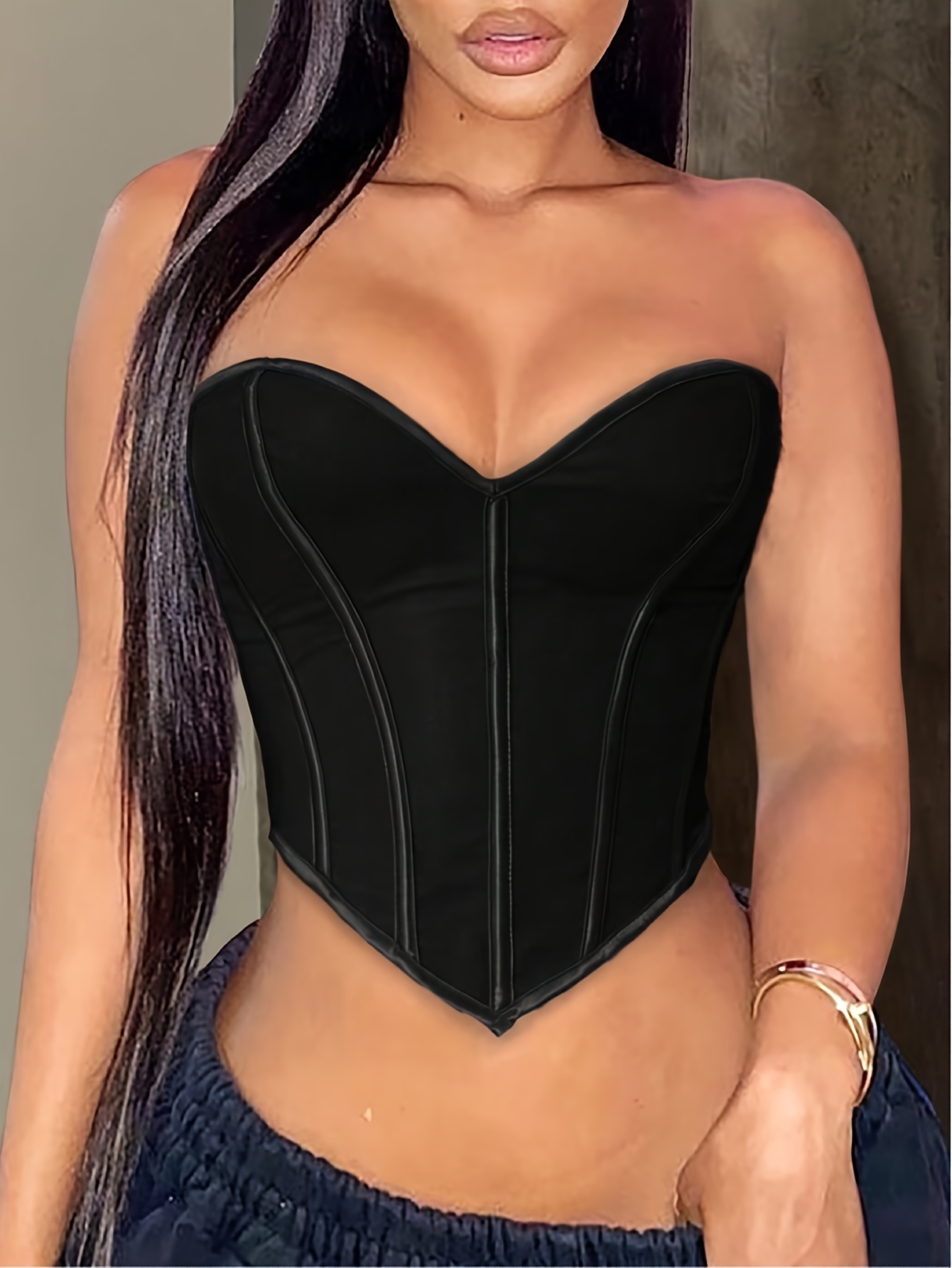 Sexy Backless Corset Top with Fishbone Back Tie - Adjustable Straps & Tummy Control Shapewear for Women, Black Solid Color, Hand Wash Only, Clubwear & Evening Outfits