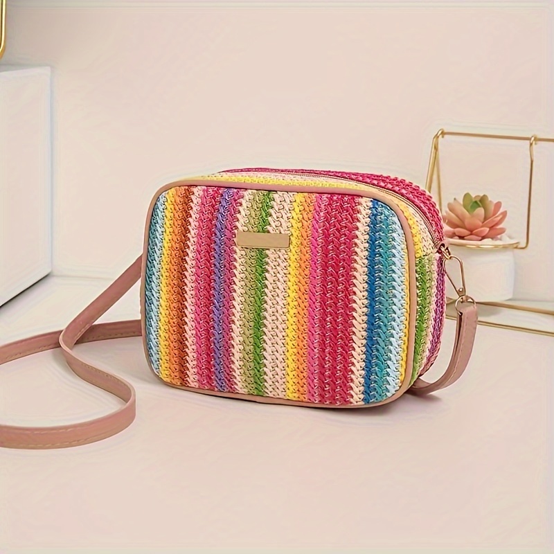 

Women's Fashion Colorful Striped Woven Shoulder Bag, Large Capacity Crossbody Satchel, Casual Summer Style Bag With Adjustable Strap