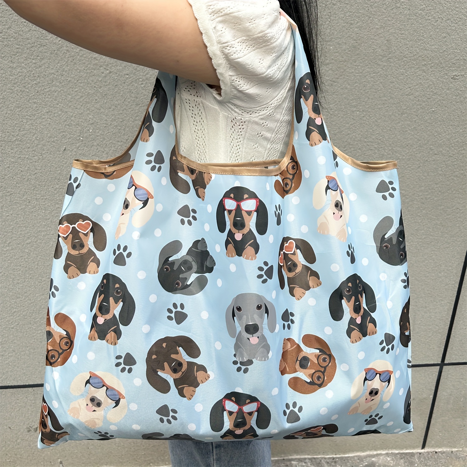 TEMU Large Capacity Foldable Tote Bag With Cute Dachshund Print, Lightweight Shopping Bag For Women