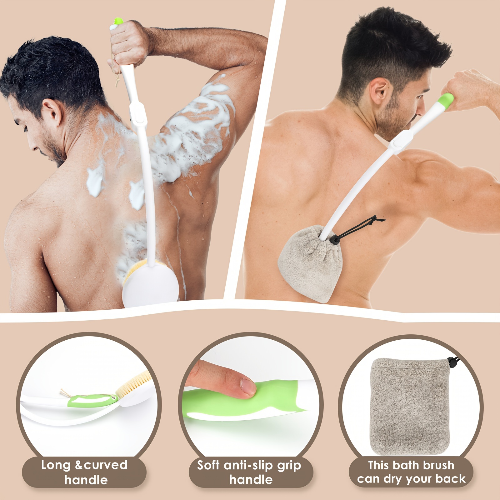 elderly back scrubber with soft anti   handle towel manual bath brush for back relief no electricity needed long handle for   personal care aid for seniors adults     material softbristled head Product details 1