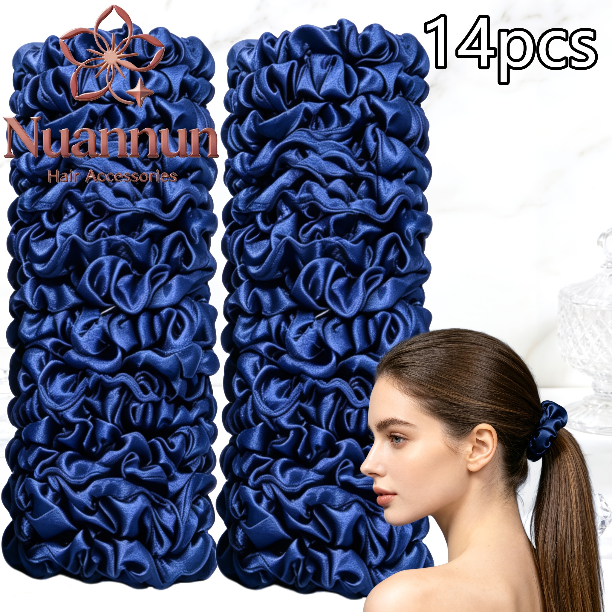 TEMU 14pcs Dark Blue High-end Minimalist Satin Pleated Small Hair Tie, , High And Low Ponytail Lazy Bun Hair Tie Hair Additions