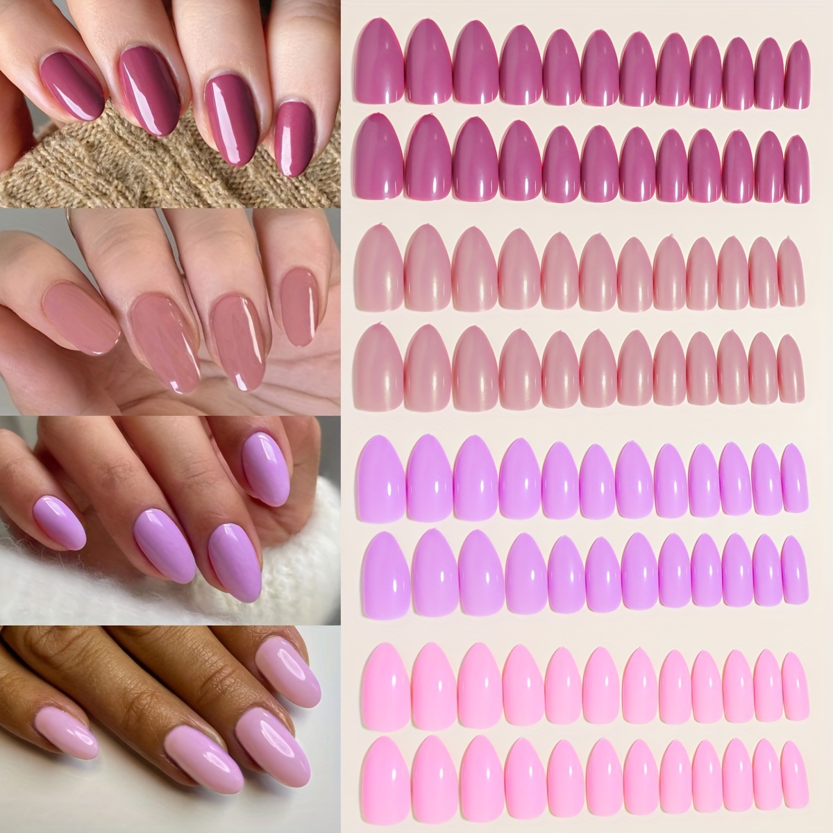 

96-piece Purple Series Almond-shaped Press-on Nails Set - Glossy Finish, Medium Length, Solid Color Fake Nails For Women & Girls With Adhesive Tape & Nail File Included
