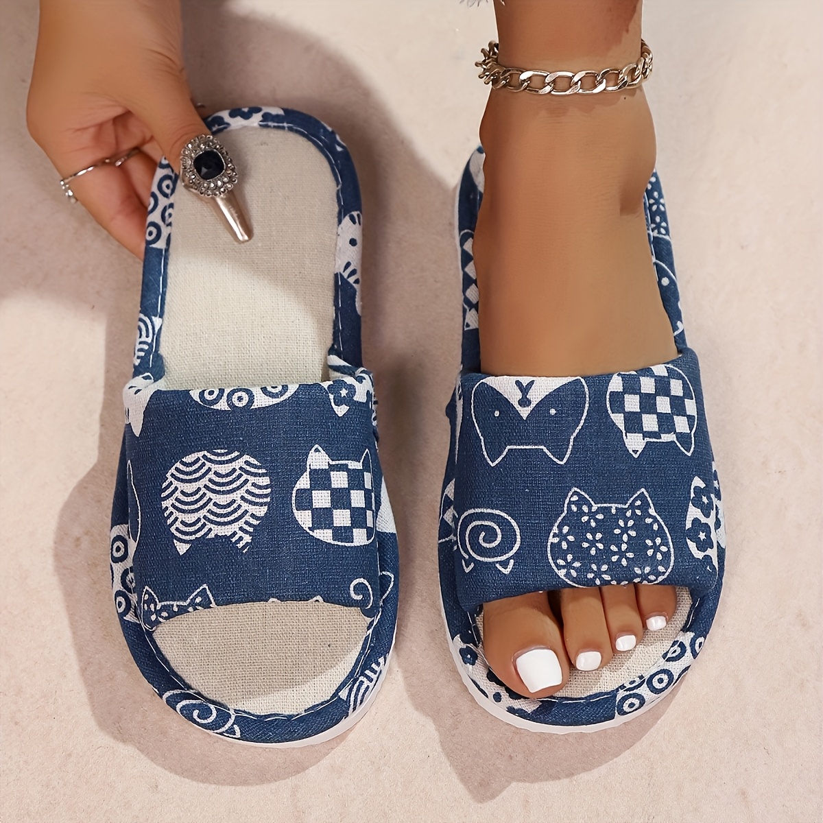 TEMU 【商品名】可愛い猫柄リネンスリッパ、男女兼用通気性ホー、夏用吸汗シールカジュアルスライド、レディースシューズ
