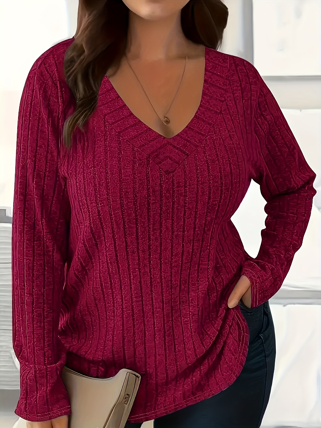 plus size plus size spring autumn and winter   solid   size womens top v neck ribbed brushed casual t shirt loose pullover long sleeves