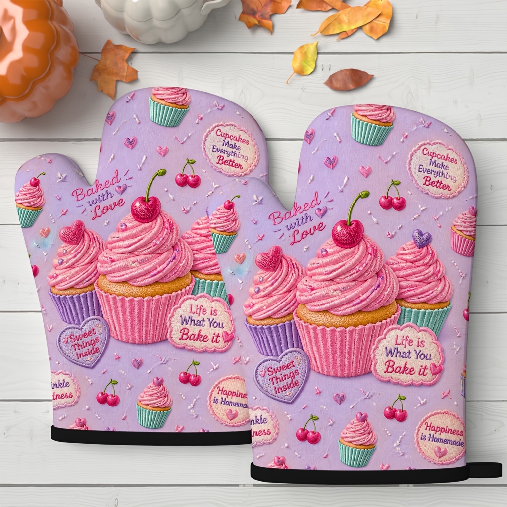 TEMU 2pcs Cupcake Silhouette Oven Mitts, , Suitable For Kitchen, Baking, And Home Use, Sophisticated Design, Fine Texture, Simple And Attractive,