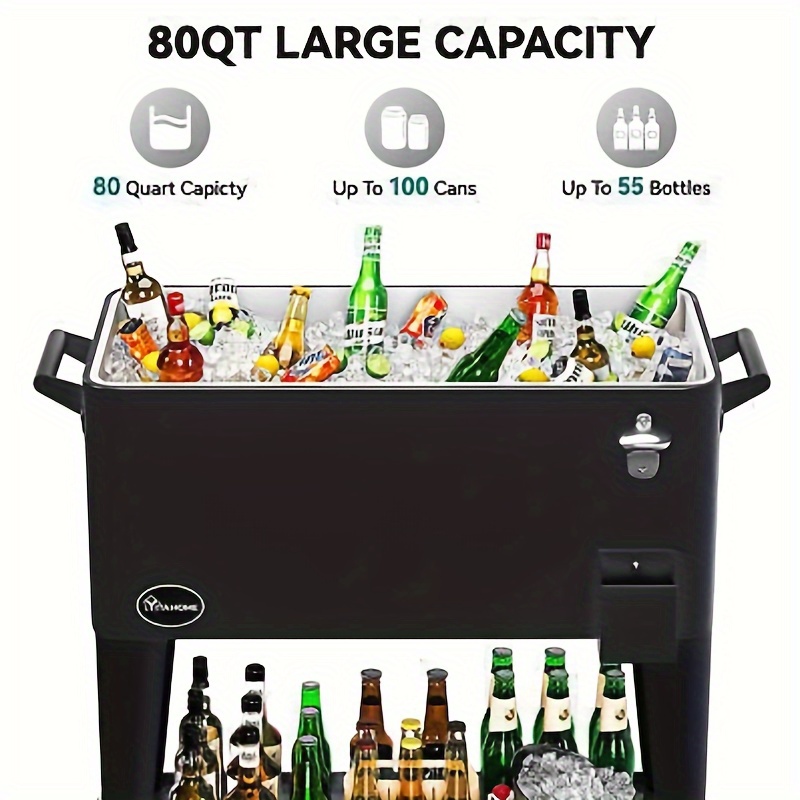 Yarsca Cooler Cart with Bottle Opener Drainage, Portable Patio Cooler on Wheels, Outdoor Beverage Cart Ice Chest Cart, Black