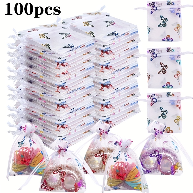 TEMU Gift For Her/him 100pcs Organza Mesh Bags With Drawstring - Colorful Design Clear Storage Bags For Jewelry, Cosmetics, Wedding Favors, Party