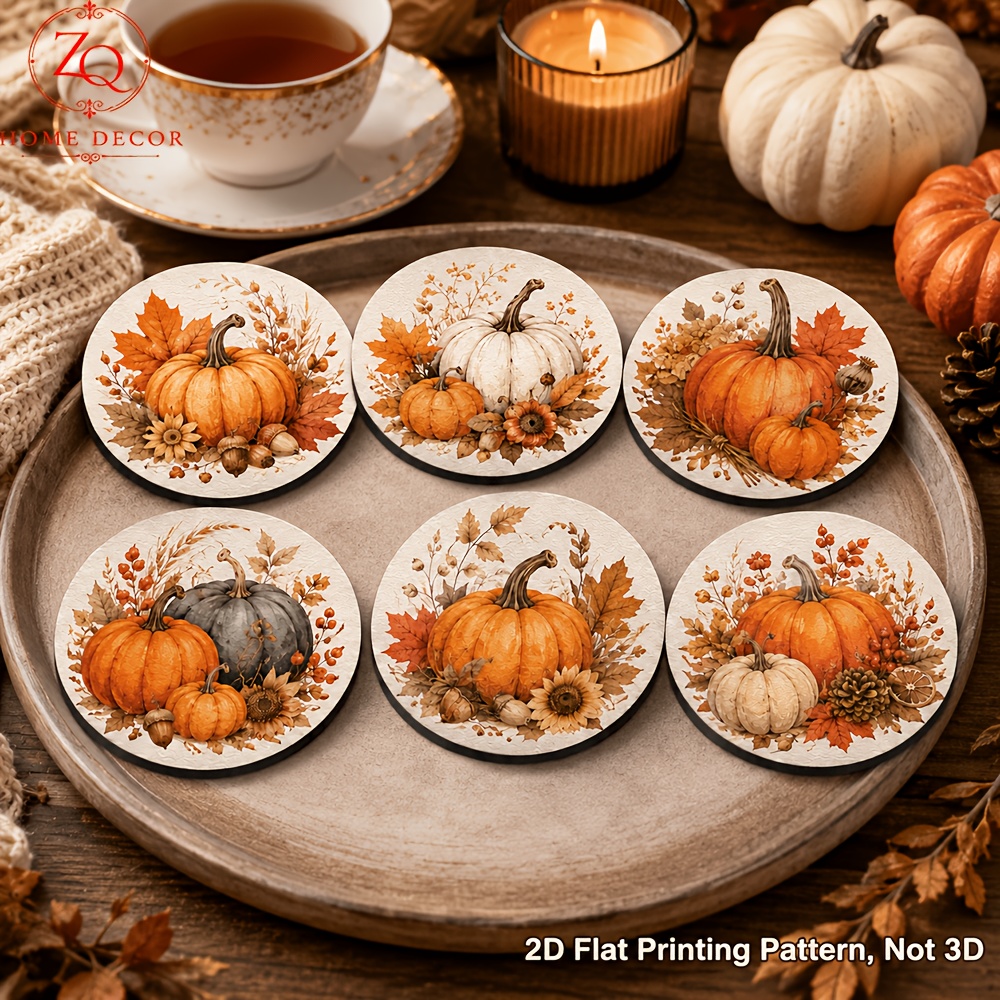 TEMU 6pcs 6pcs Vintage Wood Coasters Suitable For Drinks, Coffee Cups & Tea Cups - Wood Fall Table Protectors With Pumpkin, Maple Leaf, & Floral For,