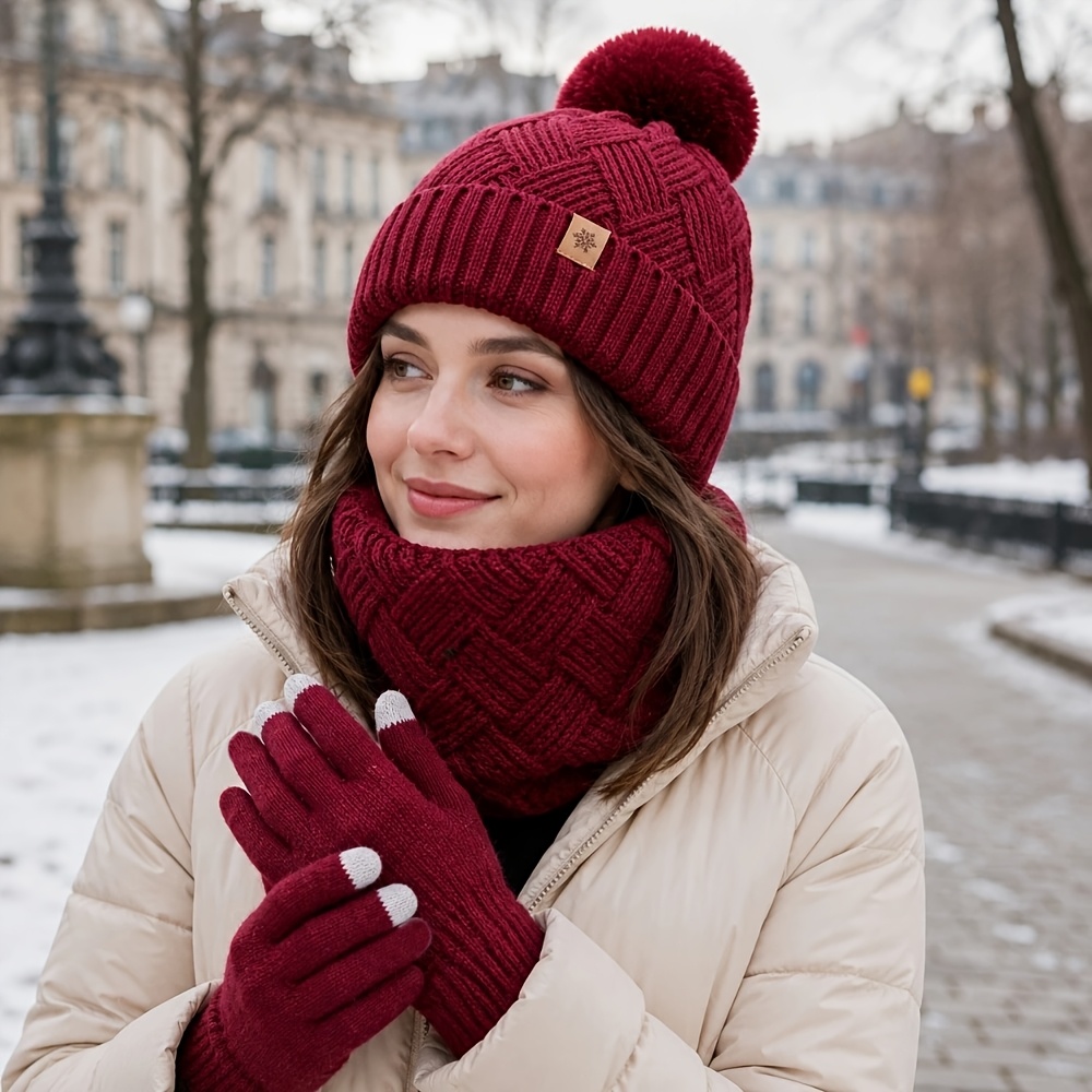TEMU 3pcs Women's Winter Set, Pom Pom Beanie, Neck Warmer And Touchscreen Gloves For Daily Commuting And Outdoor Wear