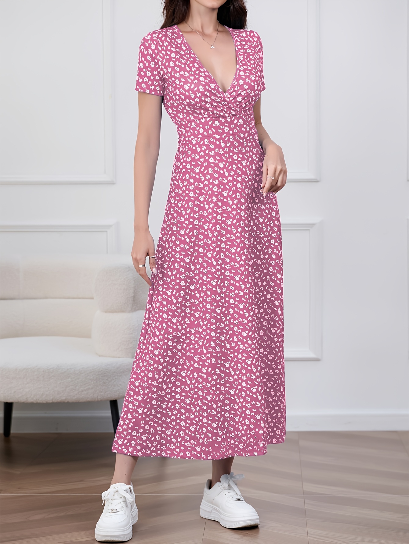 floral print surplice neck a line dress elegant short sleeve - Temu South  Africa