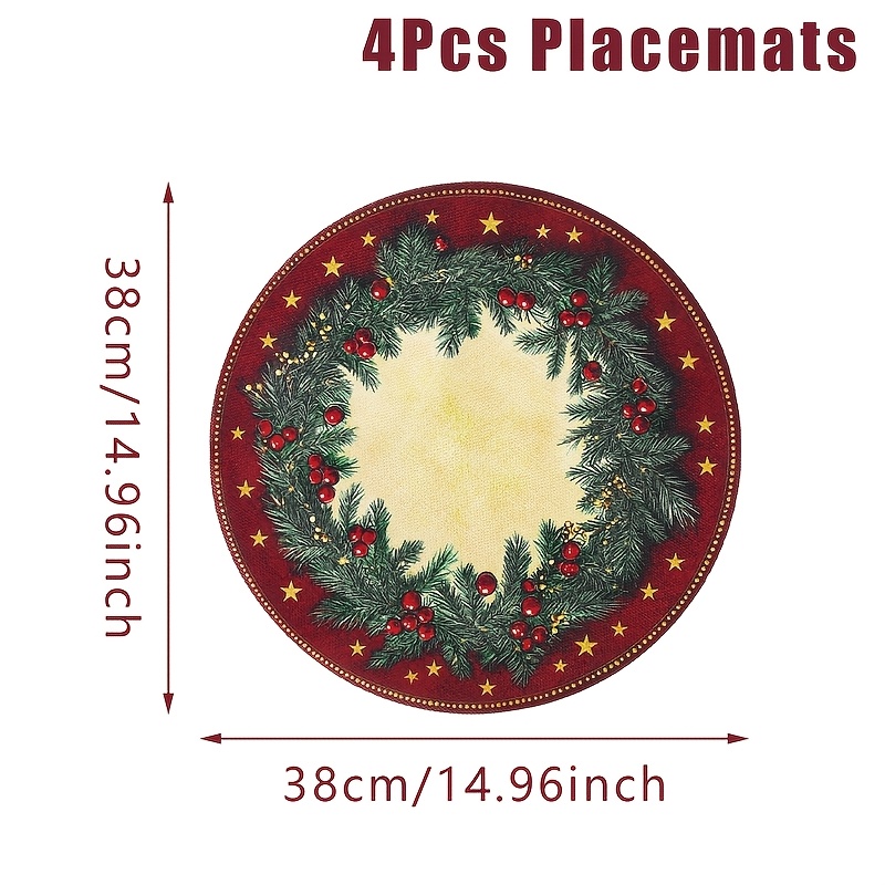 TEMU 4pcs, Christmas Wreath Circle Placemats, 100% Polyester, Linen Texture, Pine Branch And Red Berries Patterns Table Mats, Placemats For Kitchen