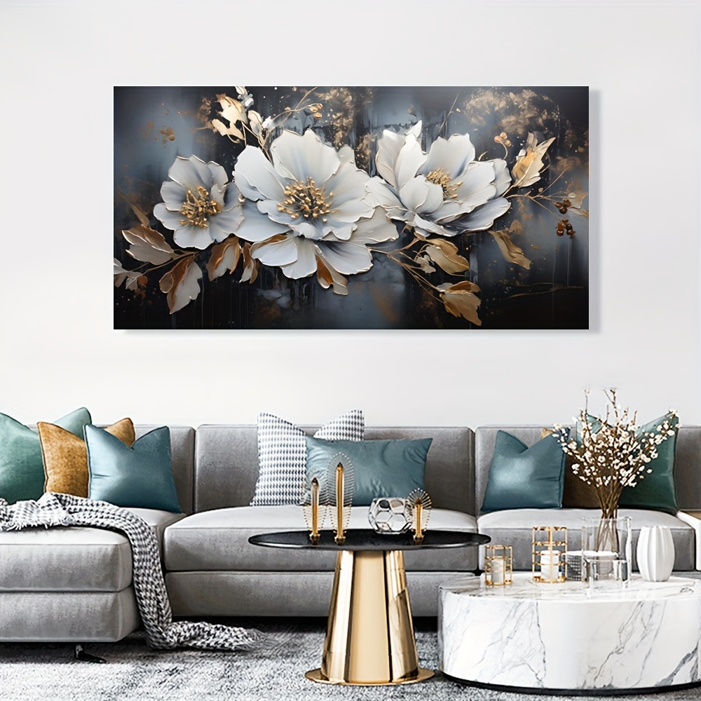 

White Floral Wall Art Canvas Print, 1pc 60x120cm Modern Abstract Gold- Painting, Universal Decor For Living Room, Bedroom, Hallway, No Power Required