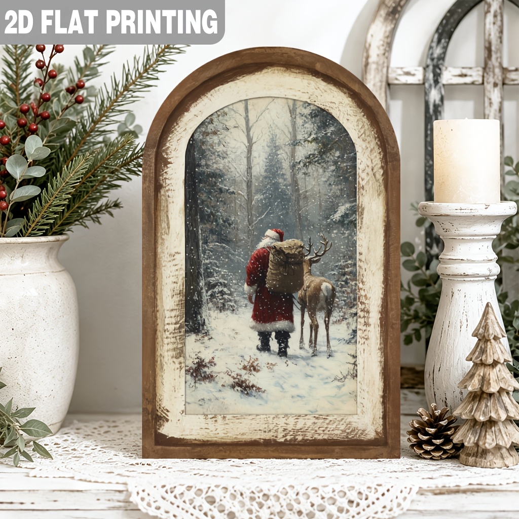 TEMU 2d Flat, 1pc, Classic Santa And Reindeer Arch Wooden Sign Christmas Scene Decorative Sign Wall Decor Wall Hanging For Room Bedroom Holiday Party