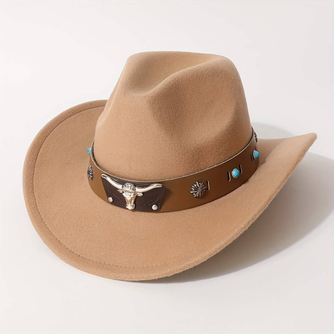 TEMU Hat Women's Hat Fashion Peach Wide Brim Felt Hat With Brown Wide Belt Silvery Metal Decoration Outdoor Performance Party Hat Western Cowboy Hat
