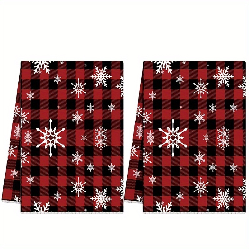 

Vintage Christmas Dish Towel Set - 2pc Polyester Knit Fabric Dish Cloths With Snowflake Design, Machine Washable, Plaid Pattern, Oblong, Patterned For Holiday Kitchen Decor