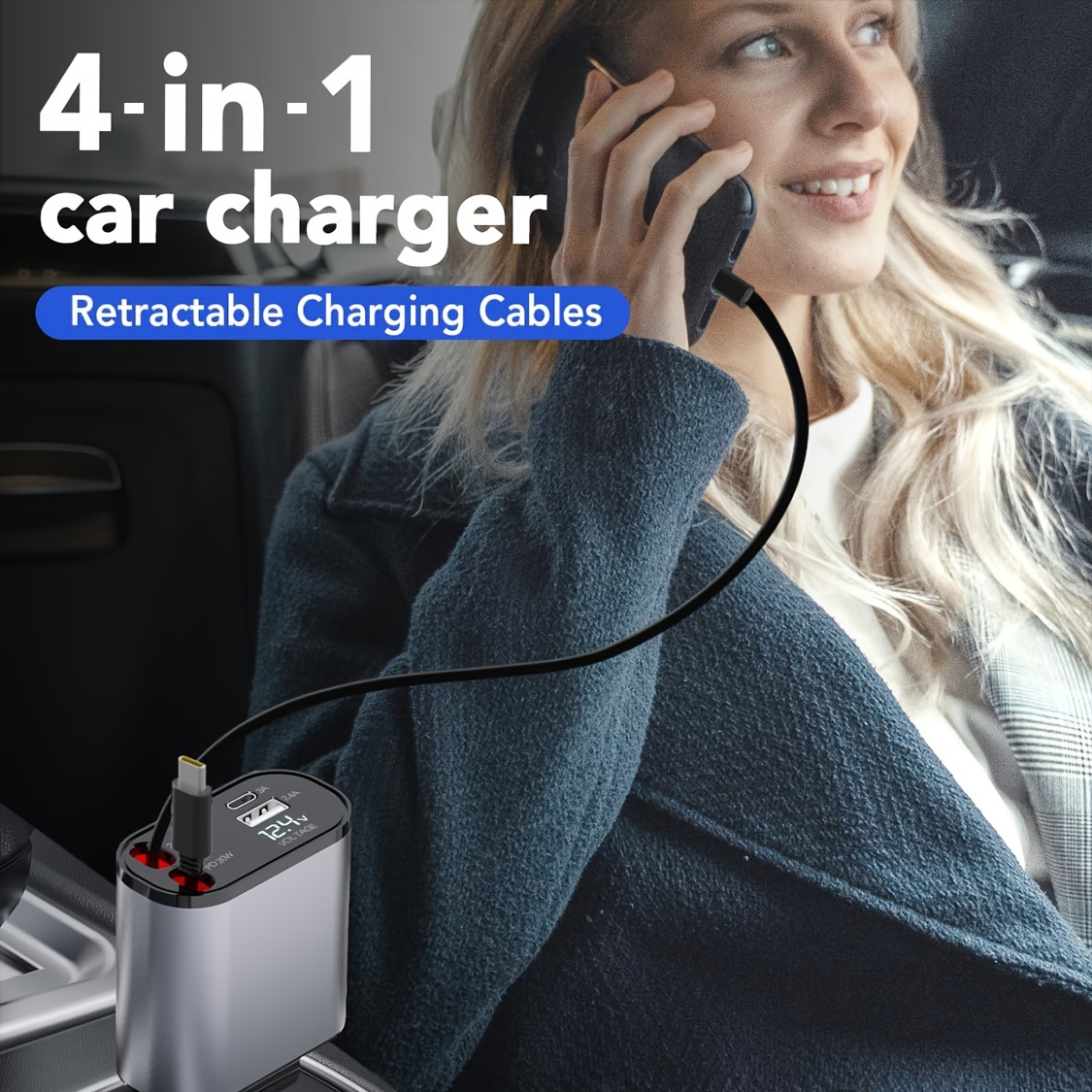 

Fast Car Charger, 4 In 1 Retractable Charging Car Charger, Retractable Cable For Ios& And 2 Car Charger Adapter Compatible With Iphone 15 14 11 Pro Max, S23, Pixel Car Charger, Without Battery