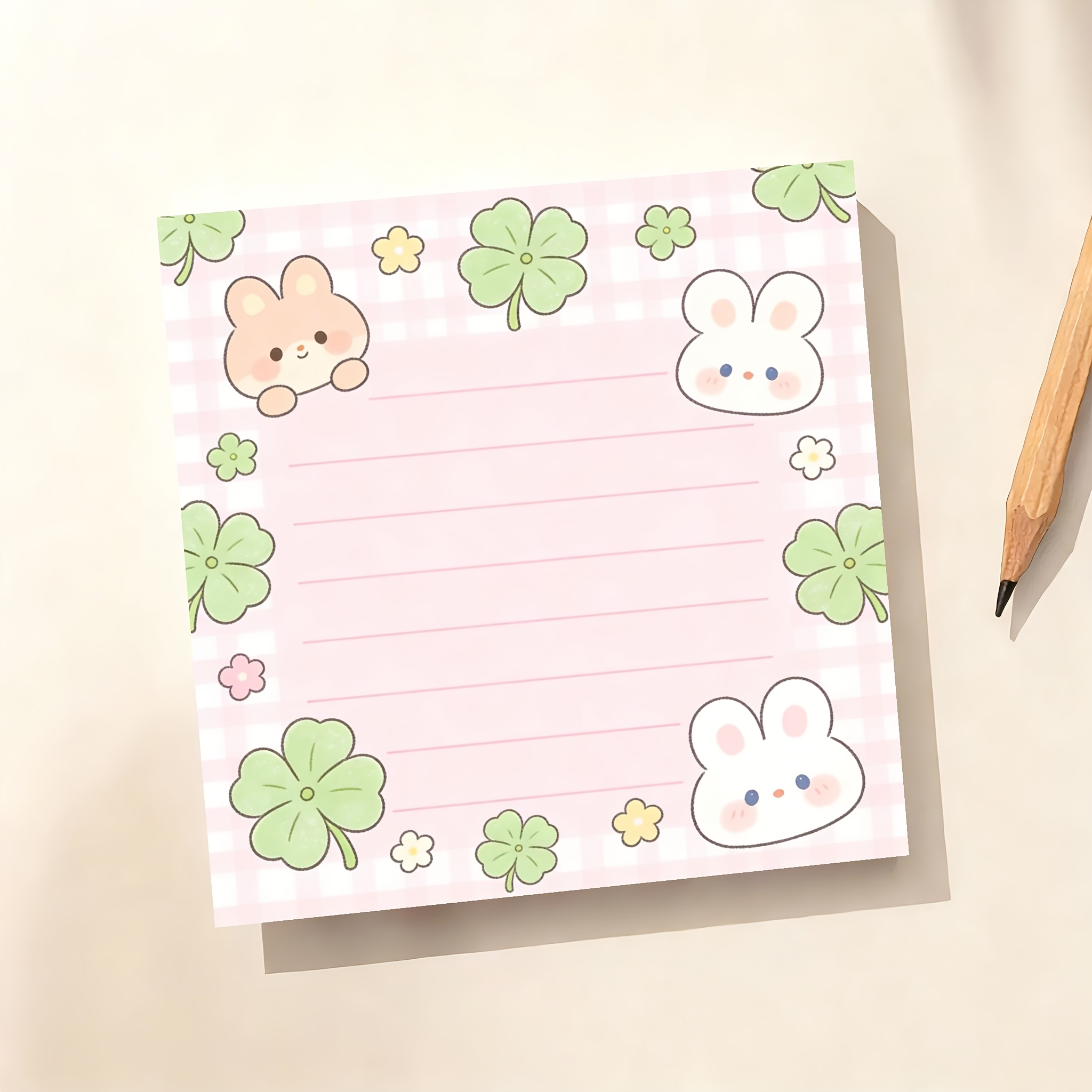 TEMU 1pc 50-sheet Aesthetic Rabbit Sticky Notes Suitable For Desk Planner, Clover Lined Notepad With Rabbit-themed Pages, Square Adhesive Pages For,
