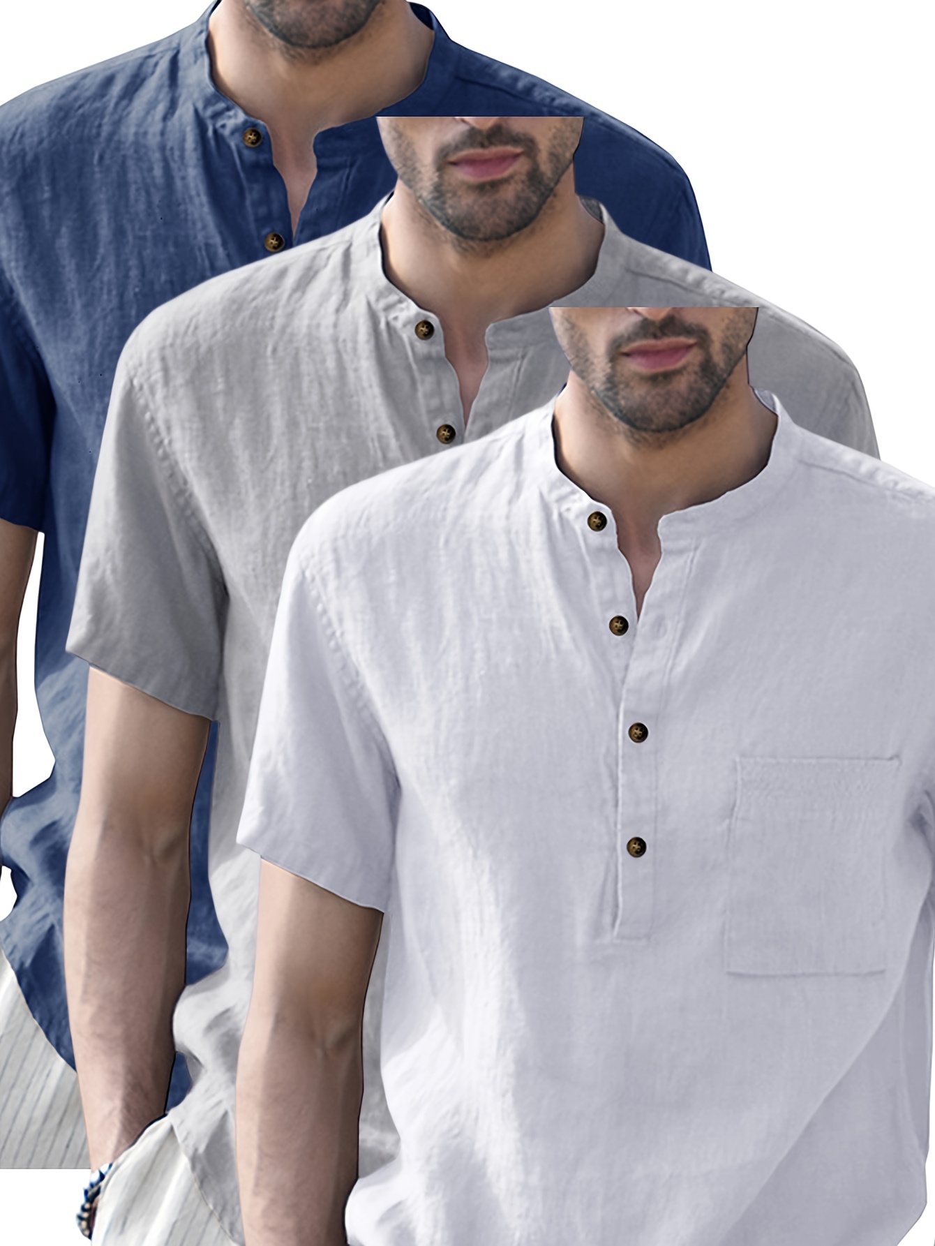 3 adet erkek yaz kısa kollu düğmeli t-shirt - nefes alabilen,   yuvarlak   rahat üstler bej, deniz mavisi ve açık sarı, günlük giyim, her gün t-shirt için mükemmel | klasik   | esnek olmayan kumaş 0