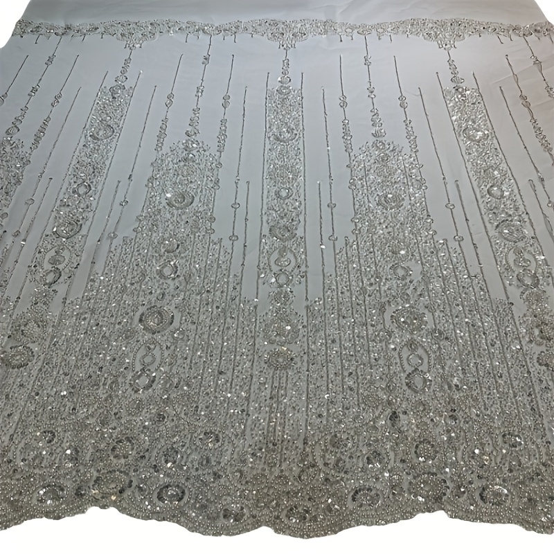 

1 mètre de tissu brodé à paillettes blanches, application de dentelle florale à une face, polyester, uniquement, pour robe de mariée ou robe de soirée