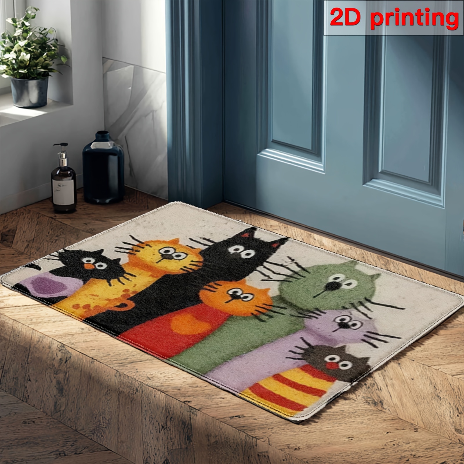 E-shop 2D Flache 1 Niedliche Mehrfarbige Cartoon-Katze -Rutsch-Matte – Plüschweiche Bodenmatte mit 6-farbiger Tabby-Katze in Schwarz, Grau, Grün, ,