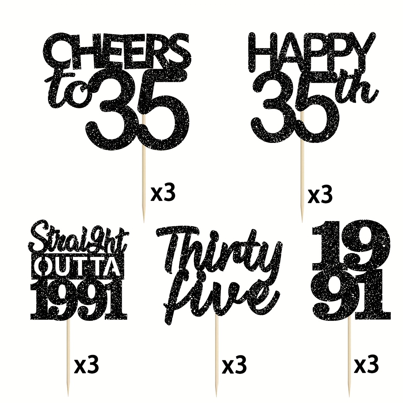 Image of 15pcs Of Birthday Cake Decorations For A Birthday, Featuring A With Glitter, Suitable For Celebrating The Occasion Of A Retro 1991 Birthday With Mini Cupcakes, Halloween, Christmas