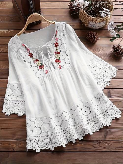 womens floral lace shirts bow hollow half sleeve pleated v neck summer casual loose