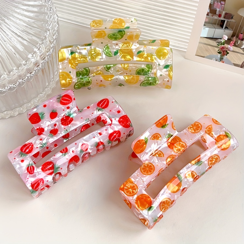 3pcs Fruit Pattern Hair Clips - Stylish And Colorful, Large Rectangular Summer Tropical , A Cute Spring/ Accessory Suitable For Casual And Formal Occasions, A Durable Gift