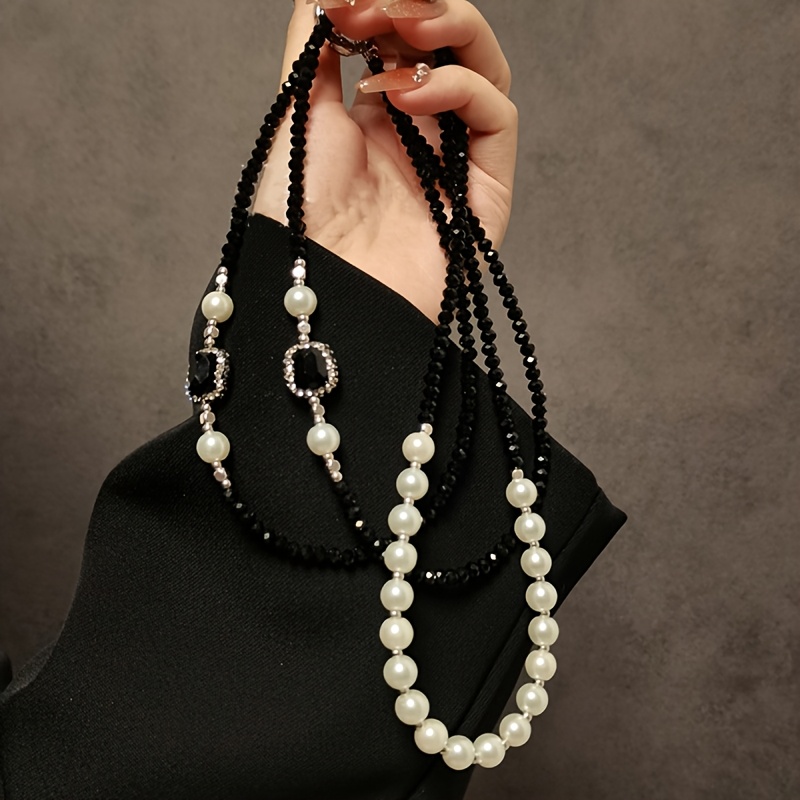 1pc Korea Luxury Pearl Beaded Diagonal Lanyard Clip Style Pendant Mobile Phone Strap Long Neck Strap Anti Loss Sling