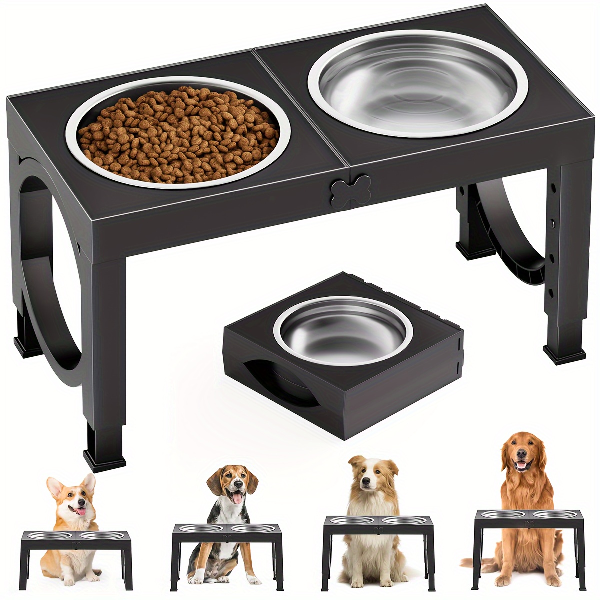 

1 Set Elevated Dog Bowl, Collapsible Design, 4 Height Adjustable Dog Raised Bowls Stand, 2pcs Thick Stainless Steel Dog Food Water Bowls For Medium And Large Sized Dogs