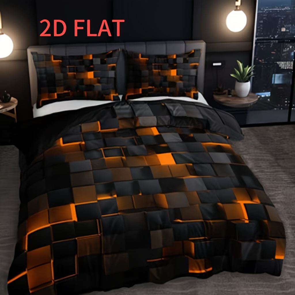 2d flat 3pcs fashion tech style checkered hd   home bedding