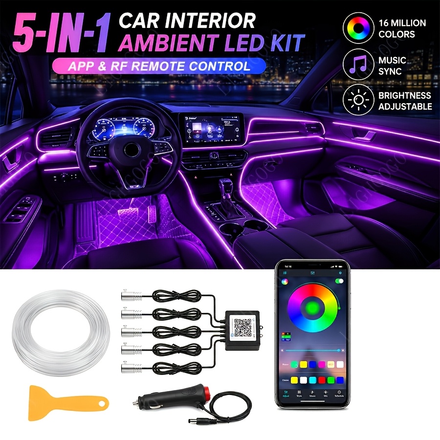 TEMU 5 In 1 Rgb Car Fiber Optic Ambient Light, 236in Fiber Neon Led Strip, & Music Sync, 12v Car Plug Car Decor Gift, Without Battery