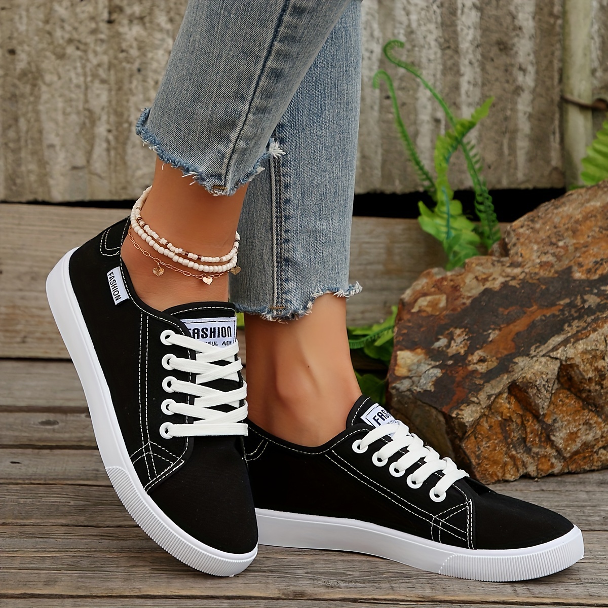 Image of Women' Low-top Campus Sneakers White/black - Round Toe Lace-up Casual Shoes With Cushioned Sole & Soft Fabric Suitable For, Skateboarding, Casual Attire - Minimalist - (hand Washable), Women Shoes