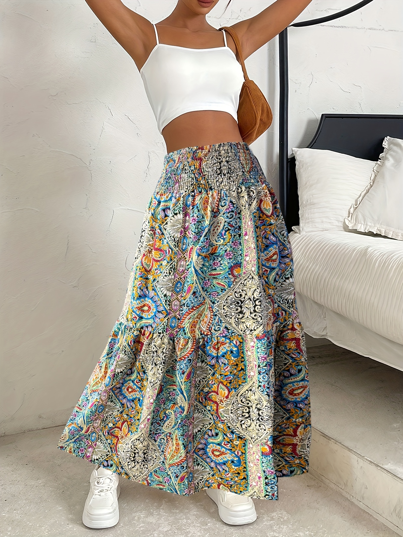 women's bohemian paisley print maxi skirt 100% polyester Temu Mexico