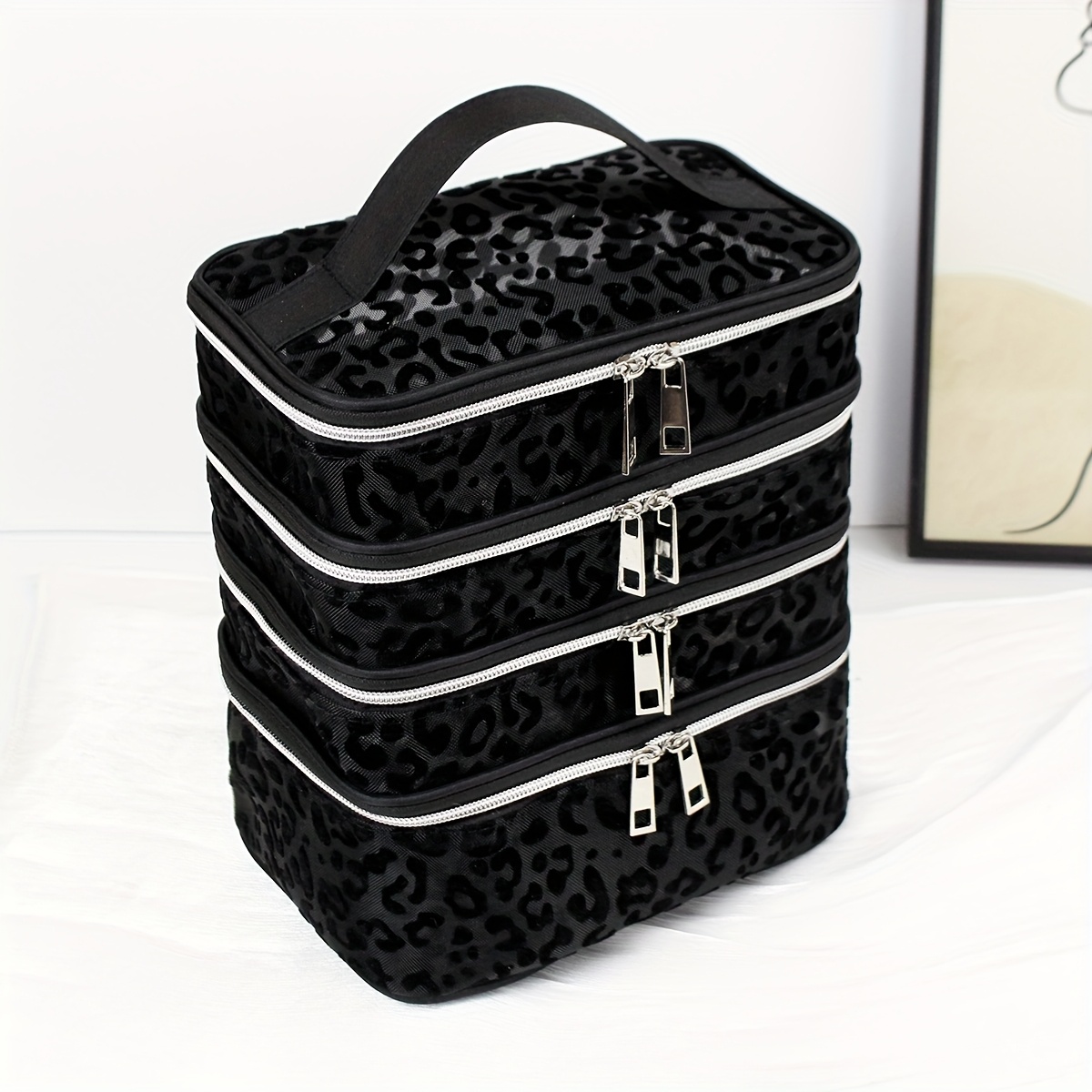 TEMU Simple And Stylish Mesh With Leopard Print Pattern, With Minimalist Black Accents. This Large-capacity, Multi-functional Four-layer Makeup Bag