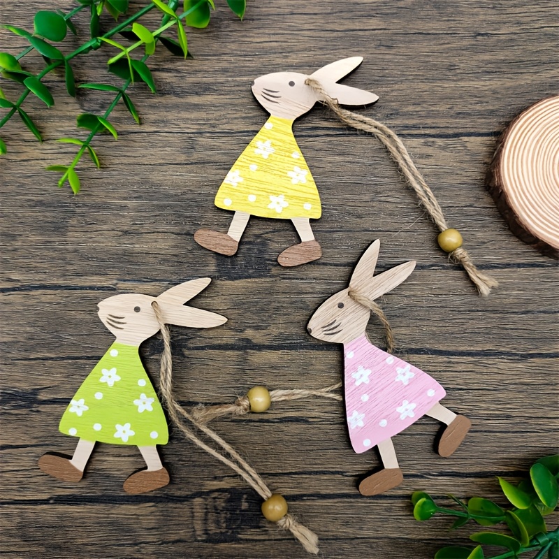 

5pcs En Bois D'Éaster Bunny Ornements Suspendus, Décoration De Table À Thème Animal, Artisanat Pour Les Vacances À , Pas Besoin D'électricité, Plumes